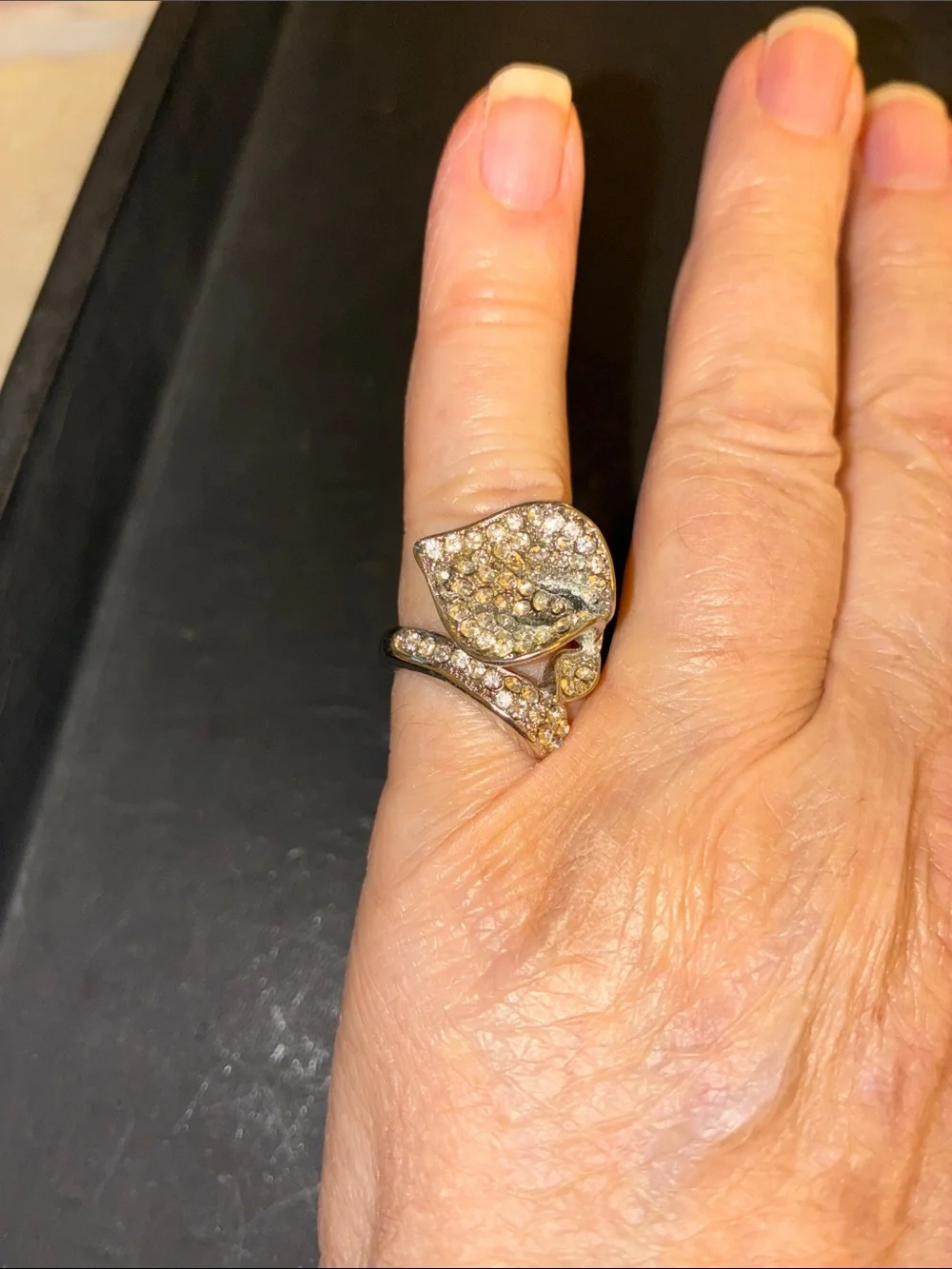 Pavé Flower Leaf Wrap Stretch Ring in Silver Tone